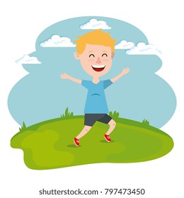 happy boy running in the field