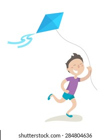 Happy boy is running with his a kite flying. Flat design. Vector illustration. Isolated on white background.