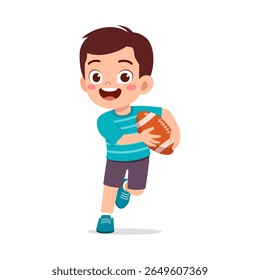 Happy Boy Running and Holding American Football Ball with Enthusiasm and Energy