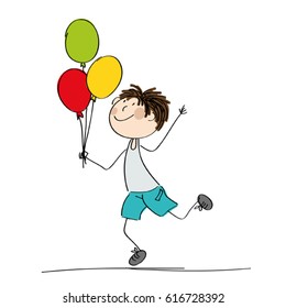 Happy boy running and holding colorful balloons in his hand  - original hand drawn illustration