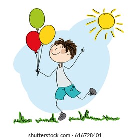 Happy boy running and holding colorful balloons in his hand  - original hand drawn illustration