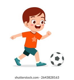 Happy Boy Running e chutando uma bola de futebol estilo ilustração