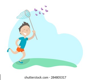 Happy boy is running in a meadow with butterfly net and catching butterflies. Flat design. Vector illustration. Isolated on white background.