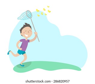 Happy boy is running in a meadow with butterfly net and catching butterflies. Flat design. Vector illustration.