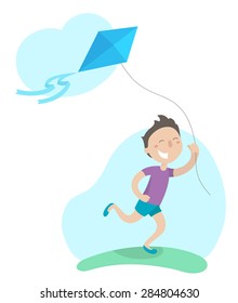 Happy boy is running in a meadow with his a kite flying. Flat design. Vector illustration. Isolated on white background.