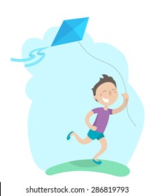 Happy boy is running in a meadow with his a kite flying. Flat design. Vector illustration.