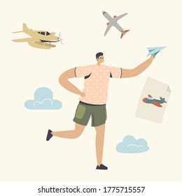 Happy Boy Running with Paper Airplane in Hand. Young Male Character Fly Plane in Air. Summer Vacation, Childhood. Origami Hobby, Child Dream to be Pilot, Aircraft Concept. Linear Vector Illustration