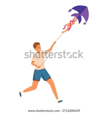 Happy boy running and playing with kite on string in summer