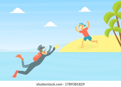 Happy Boy Running to Postman in Uniform with Scuba Diving Mask Delivering Letter bo Water Vector Illustration