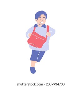 Happy boy running to school. Portrait of teenage schoolboy in hurry with sling bag. Flat vector cartoon child illustration of male pupil in haste isolated on white background. back to school