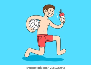 
Happy boy running shirtless in red shorts holding a ball and an ice cream cone
