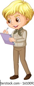 Happy boy in safari uniform writing notes on white background illustration