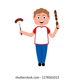 Happy boy with a sausage and a skewer