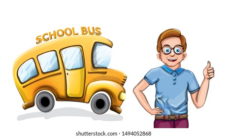 Happy boy and school bus Vector funny cartoon illustration