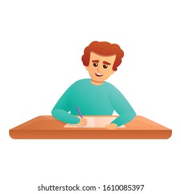 Happy boy school test icon. Cartoon of happy boy school test vector icon for web design isolated on white background