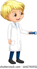 Happy boy in science gown standing on white background illustration