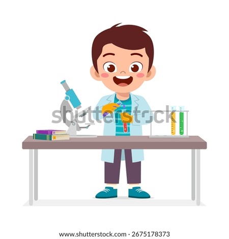 Happy Boy Scientist Mixing Liquid in Beaker Wearing Lab Coat and Gloves in Laboratory