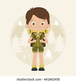 Happy boy scout with backpack in forest. Vector cartoon illustration. Scouting concept.