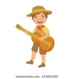 Happy boy scout with guitar, a colorful character