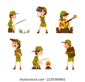 Happy Boy Scouts Wearing Khaki Uniform Fishing, Looking in Binoculars, Playing Guitar, Walking with Backpack and Frying Marshmallow Vector Set