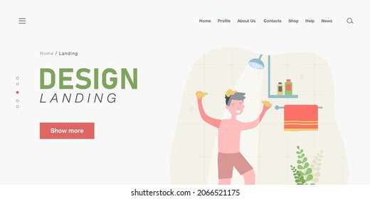 Happy boy in shorts washing hair in shower. Kid with soapy hands using shampoo in bathroom flat vector illustration. Hygiene, lifestyle concept for banner, website design or landing web page