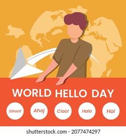 Happy boy show hello in different languages in africa version.  International friendship  communication set. Flat vector illustration