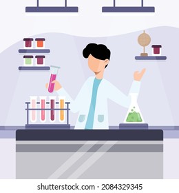 Happy Junge zeigen Teströhren im Labor der Chemie. Explosion im Labor. Wissenschaft und Bildung. Wissenschaft macht Spaß. Vektorfarbige Illustrationsflache.