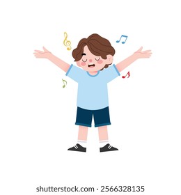 Happy Boy Singing Cartoon Child with Music Notes Joyful Illustration