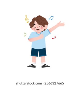 Happy Boy Singing Cartoon Illustration Child Music Joyful Kid Musical Notes Cute Character