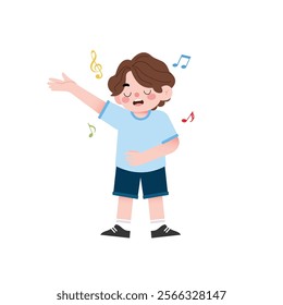 Happy Boy Singing Cartoon Illustration Child Music Vocal Performance Cute Kid