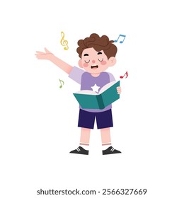 Happy Boy Singing Child Reading Book Music Notes Cute Cartoon Illustration