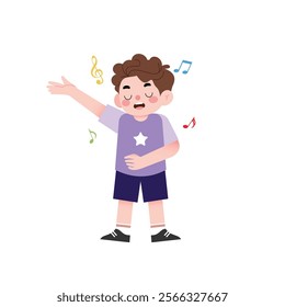 Happy Boy Singing Child Vocal Performance Cute Cartoon Illustration Music Notes