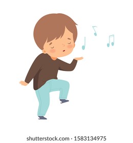 Happy Boy Singing and Dancing, Adorable Kid Having Fun and Enjoying Listening to Music Cartoon Vector Illustration