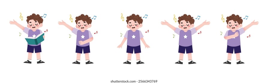 Happy Boy Singing Different Poses Music Notes Child Singing Illustration Cartoon Boy