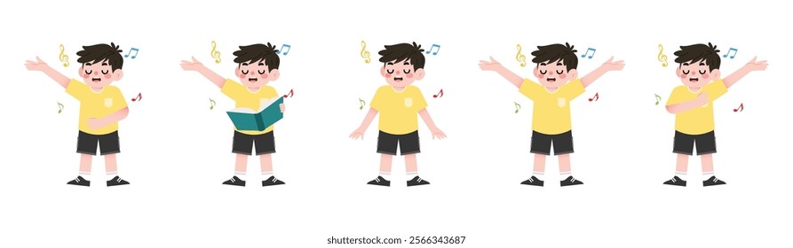 Happy Boy Singing Reading and Posing Cartoon Music Illustrations