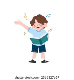 Happy Boy Singing a Song from Book Cute Child Illustration Musical Performance