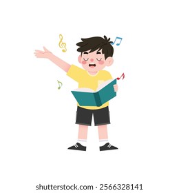 Happy Boy Singing Song from Book Cute Child Musician Music Education Illustration