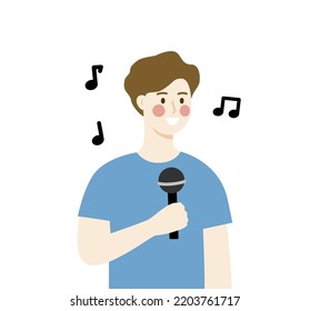 Happy Boy singing song with microphone with musical note background. Leisure, hobby, entertainment, performance concept. Flat cartoon character vector design illustration.