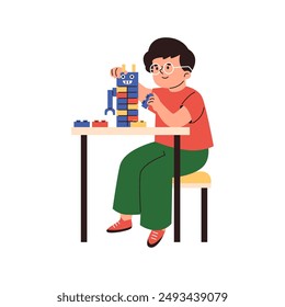 Happy boy sits by the table and play with lego construction blocks. Cartoon kid have fun build robot toy with bricks. Children education and leisure time. Hobby and entertainment. Vector illustration