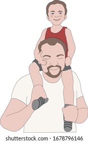 Happy boy sits on dad's shoulders.  Father and son family, children at home. Fathers day. Vector color cartoon illustration isolated on white for card, web banner, site