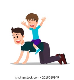 a happy boy sits on his father's back