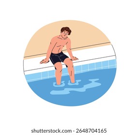 Happy boy sits on side of swimming pool with legs in water. Young man in swimsuit relaxes in aquapark lounge zone. Person has a rest in sea resort in summer. Flat isolated vector illustration on white