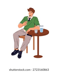 Happy boy sits at the table in cafe and listens to public speaking. Audience of performance smiles and hand gesturing while stand up show. Flat isolated vector illustration on white background