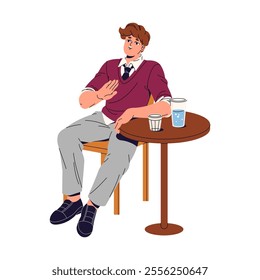 Happy boy sits at the table with glass of water. Young man with tie relaxes on chair, talk. Person on seat speaks and gesturing with hand. Flat isolated vector illustration on white background