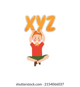 Happy boy sitting with alphabet letters XYZ above his head, flat vector illustration isolated on white background. Cartoon character of child studying letters in kindergarten.