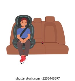 Happy Boy Sitting In Car Seat. Armchair For The Child Safe Movement in Vehicle. Toddler Character Sitting in Automobile Chair for Safe And Comfortable Road Travel. Cartoon People Vector Illustration