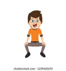 Happy boy sitting with hands on knees cartoon character vector illustration
