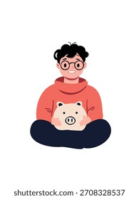 Muchacho feliz sentado con el banco del ahorro del dinero