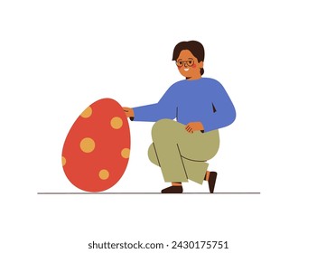 Happy boy sitting near big easter egg. Male child celebrating Easter holiday and hunting sweets. Vector illustration