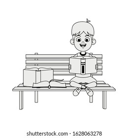 happy boy sitting on bench with books over white background, vector illustration